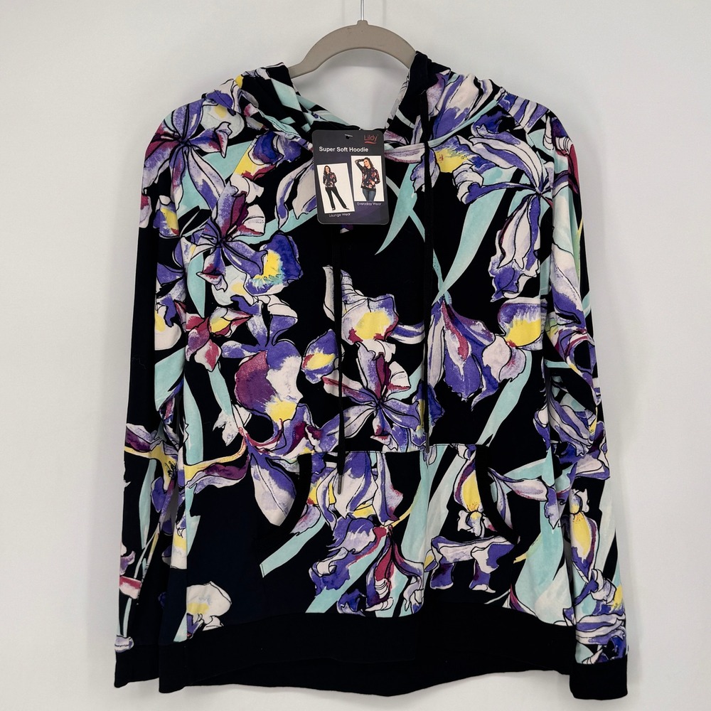 Lildy Super Soft Hoodie Womens S-M Black Floral New Iris Pullover Lounge 3721
